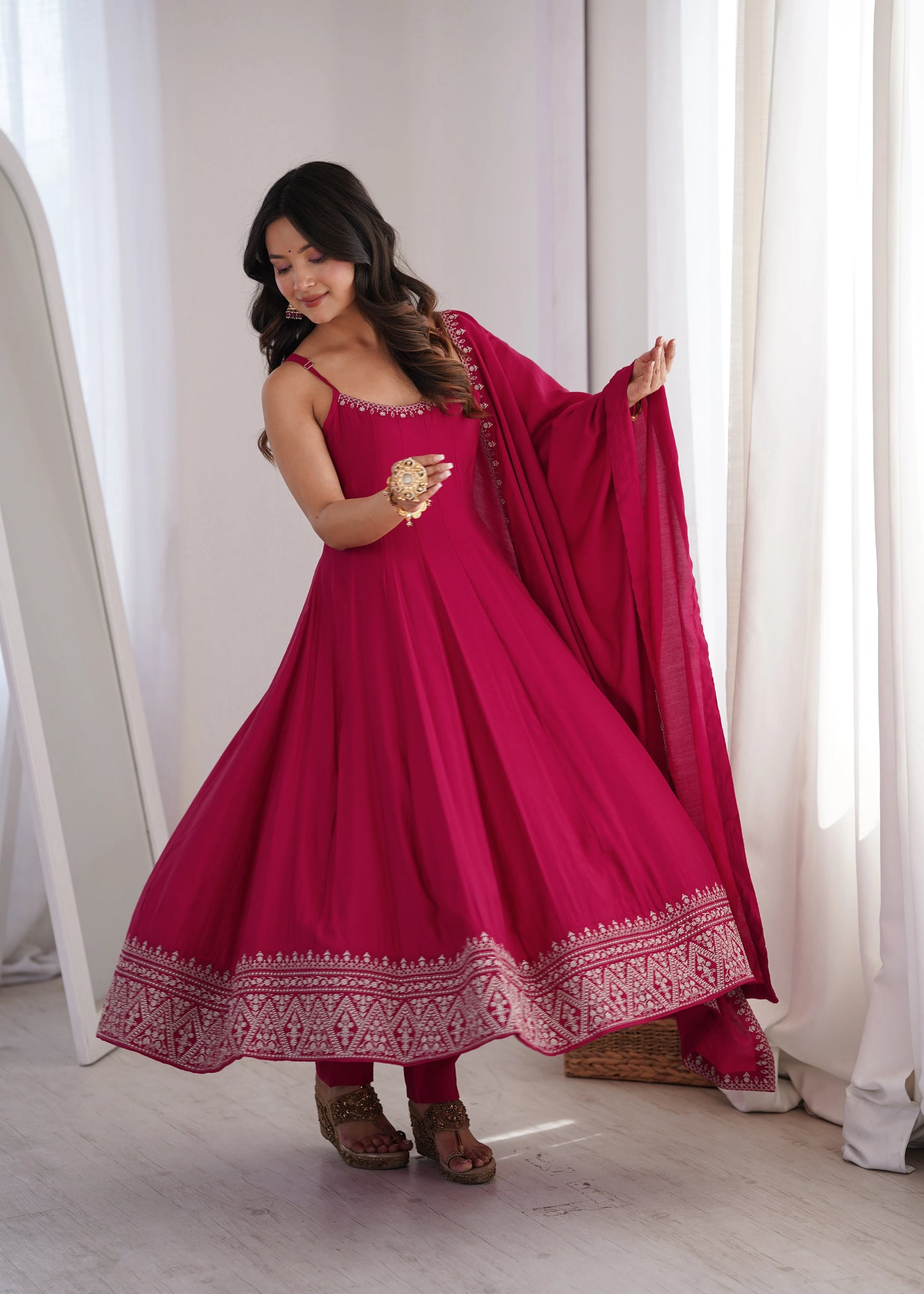 Amrapali Trend Premium Roman Silk Chanderi Anarkali Suit Set with Pant & Dupatta