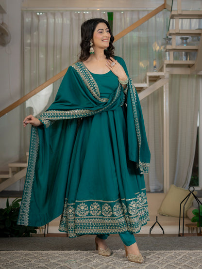 Amrapali Trend Heavy Roman Cotton Silk Embroidered Anarkali Suit Set with Pant & Dupatta