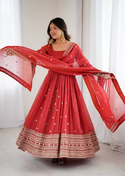 Amrapali Trend Fully Flared Rust Anarkali Gown in Pure Crunchy Silk | Party & Wedding Wear