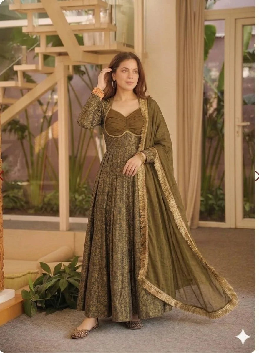 Amrapali Trend Women's Floral Brocade Jacquard Anarkali Suit Set with Pant & Dupatta