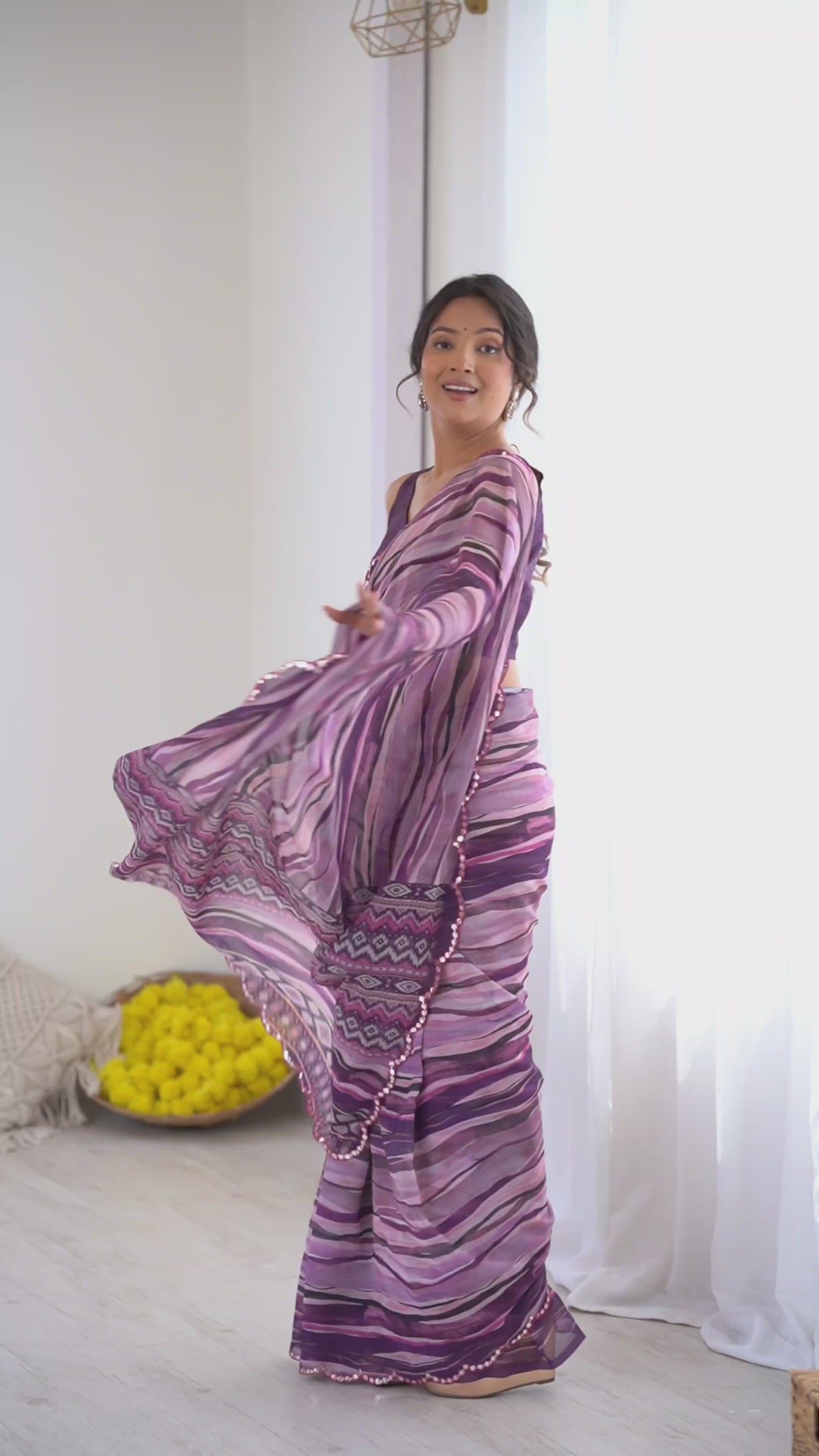 Purple Heavy Georgette Printed Saree with Mirror Work Border | Designer Party Wear Saree for Women