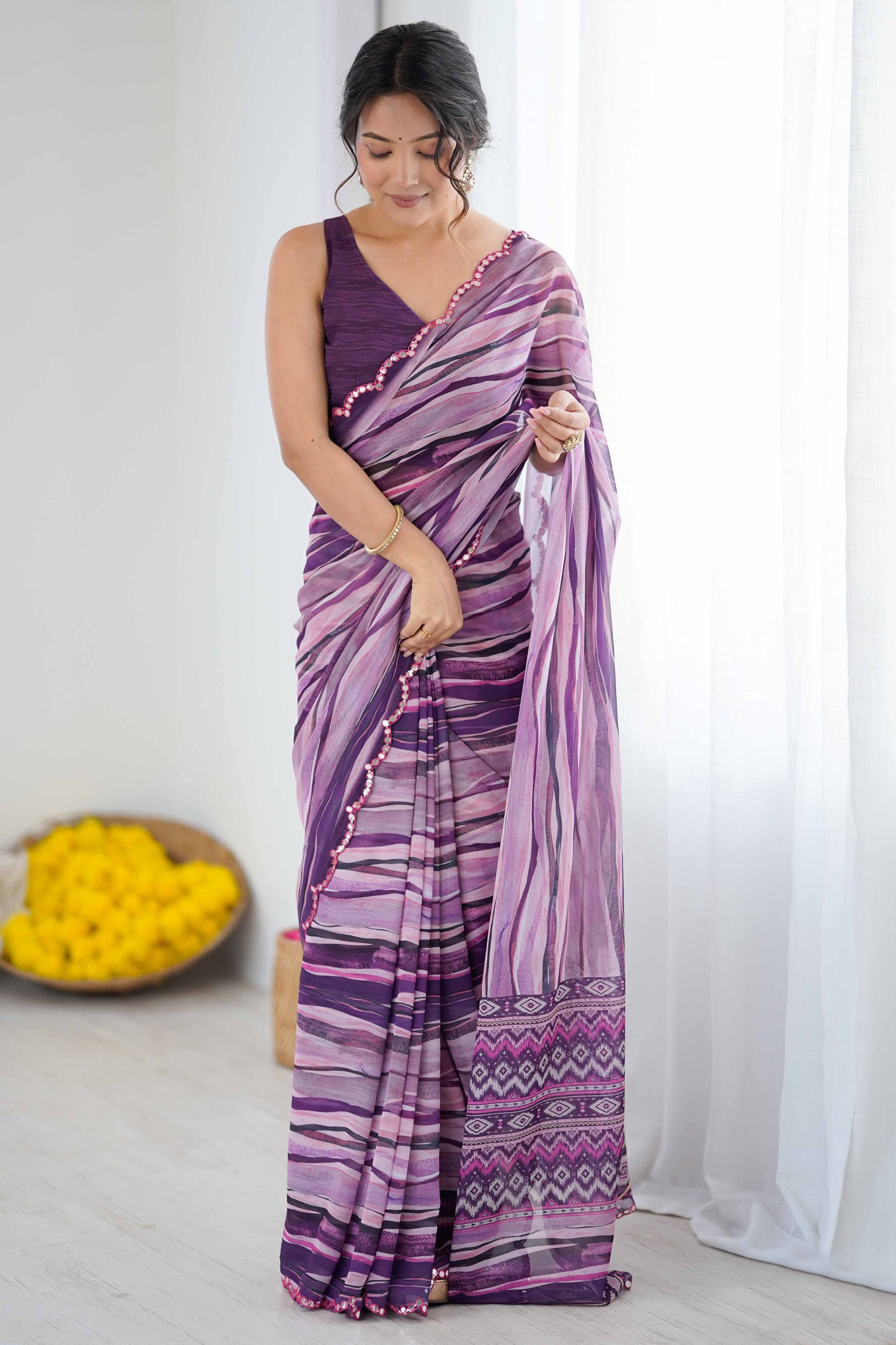 Purple Heavy Georgette Printed Saree with Mirror Work Border | Designer Party Wear Saree for Women