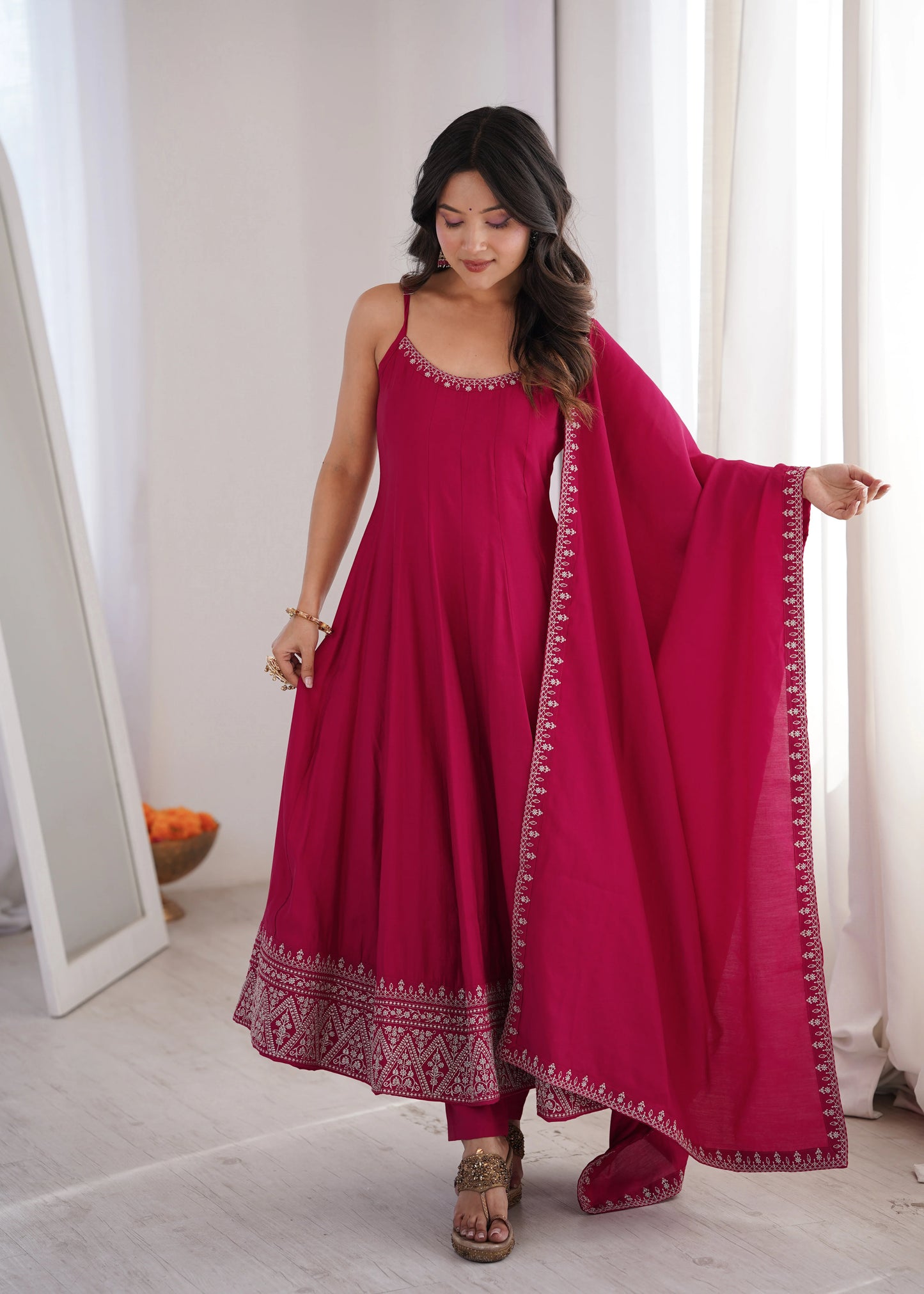Amrapali Trend Premium Roman Silk Chanderi Anarkali Suit Set with Pant & Dupatta