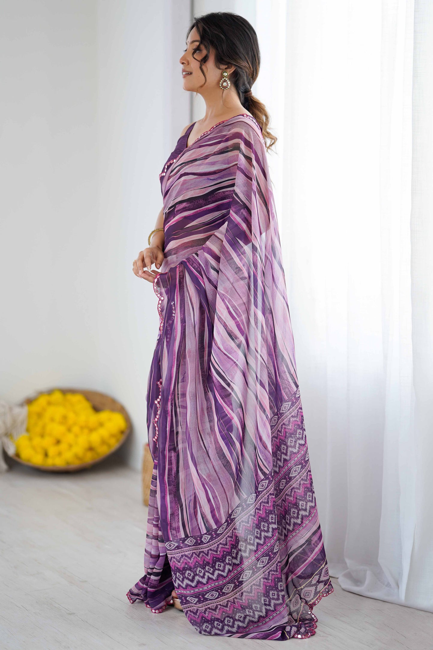 Purple Heavy Georgette Printed Saree with Mirror Work Border | Designer Party Wear Saree for Women