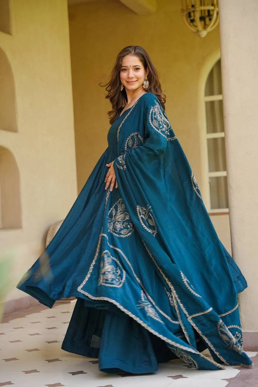 Amrapali Trend Women's Heavy Vichitra Silk Embroidered Anarkali Suit Set with Palazzo & Dupatta