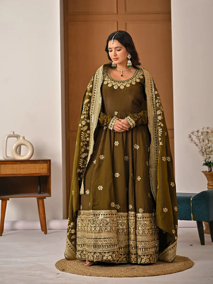 Amrapali Trend Olive Green NC Vichitra Fabric Fully Embroidered Anarkali Suit Set with Dupatta – Festive & Wedding Wear