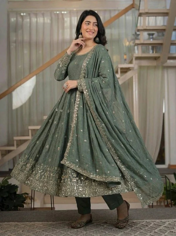 Amrapali Trend Women's Heavy Crunchy Silk Anarkali Suit Set with Embroidered Dupatta