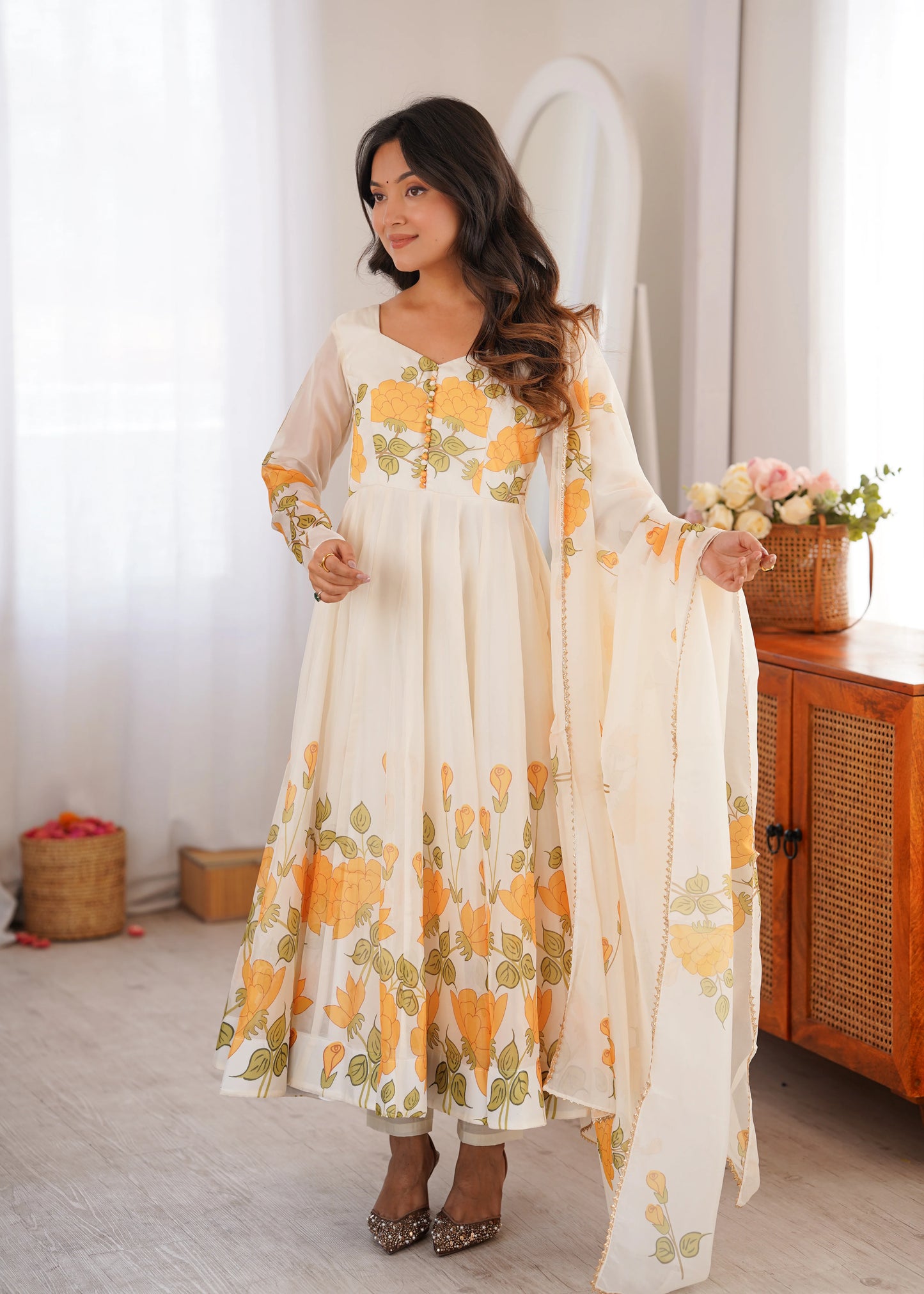 Amrapali Trend Women's Heavy Organza Silk Floral Print Anarkali Gown Set with Dupatt