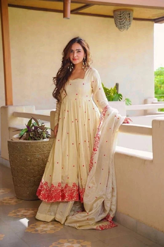 Amrapali Trend Pure Cosmos Silk Anarkali Sharara Set with Embroidered Dupatta