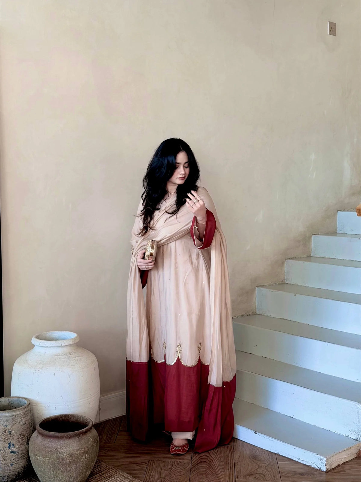 Designer Pure Roman Silk Kaftan with Bell Sleeves, Palazzo & Lace Border Dupatta – Party & Festive Wear