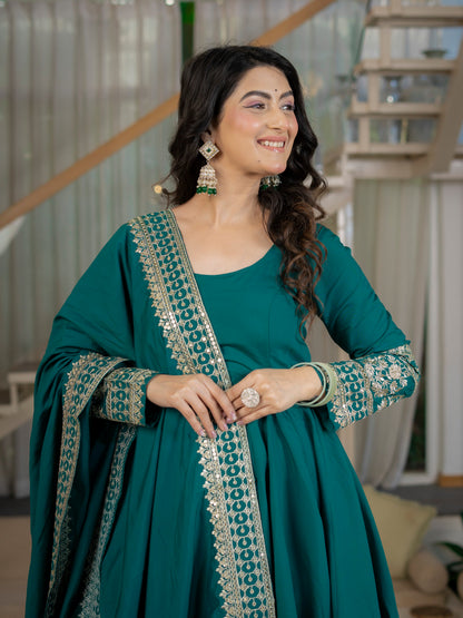 Amrapali Trend Heavy Roman Cotton Silk Embroidered Anarkali Suit Set with Pant & Dupatta