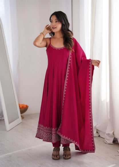 Amrapali Trend Premium Roman Silk Chanderi Anarkali Suit Set with Pant & Dupatta