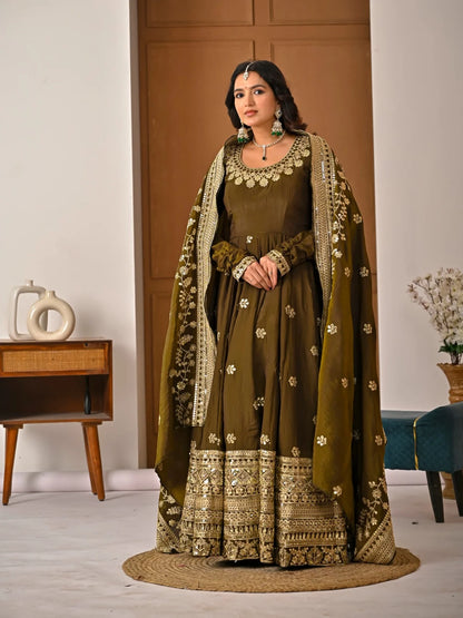 Amrapali Trend Olive Green NC Vichitra Fabric Fully Embroidered Anarkali Suit Set with Dupatta – Festive & Wedding Wear