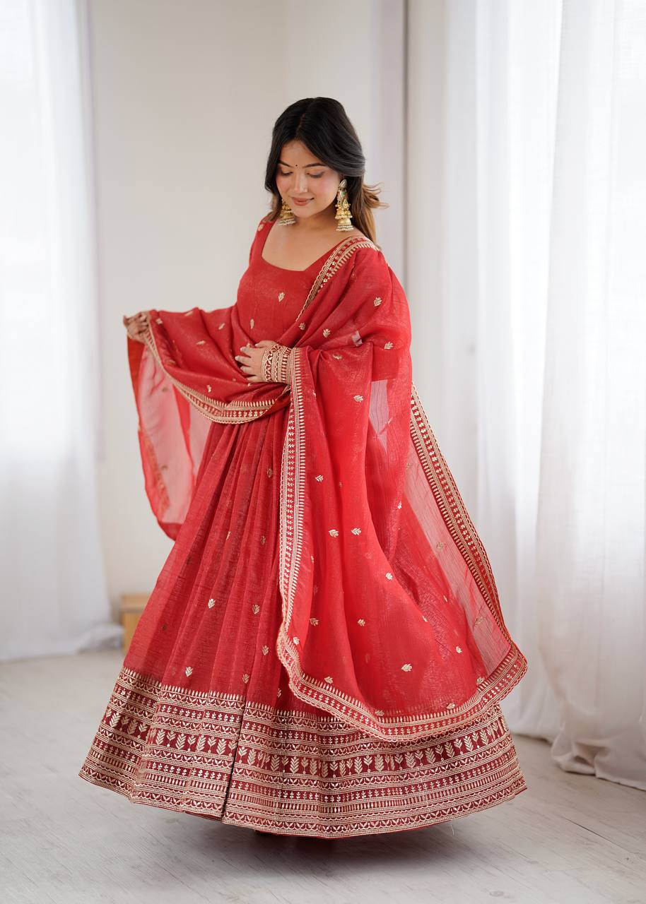 Amrapali Trend Fully Flared Rust Anarkali Gown in Pure Crunchy Silk | Party & Wedding Wear