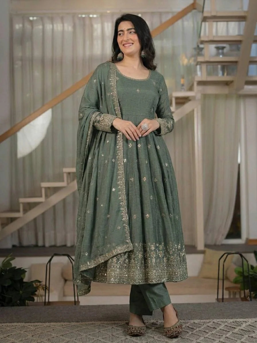 Amrapali Trend Women's Heavy Crunchy Silk Anarkali Suit Set with Embroidered Dupatta