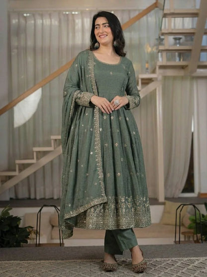 Amrapali Trend Women's Heavy Crunchy Silk Anarkali Suit Set with Embroidered Dupatta