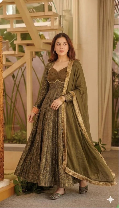 Amrapali Trend Women's Floral Brocade Jacquard Anarkali Suit Set with Pant & Dupatta