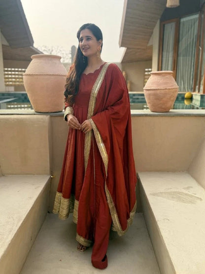 Amrapali Trend Heavy NC Vichitra Embroidered Anarkali Suit Set with Pant & Sequence Dupatta