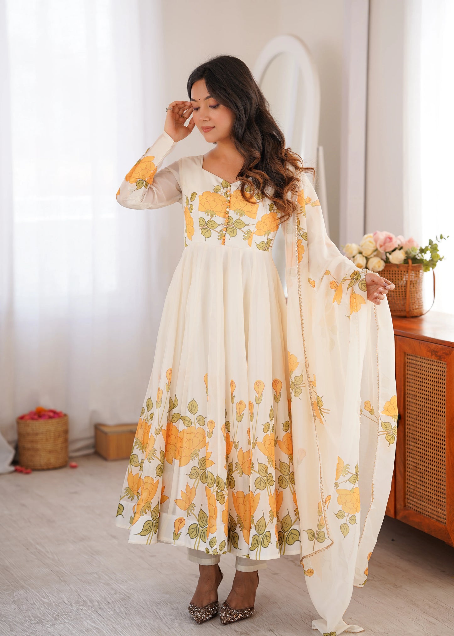 Amrapali Trend Women's Heavy Organza Silk Floral Print Anarkali Gown Set with Dupatt