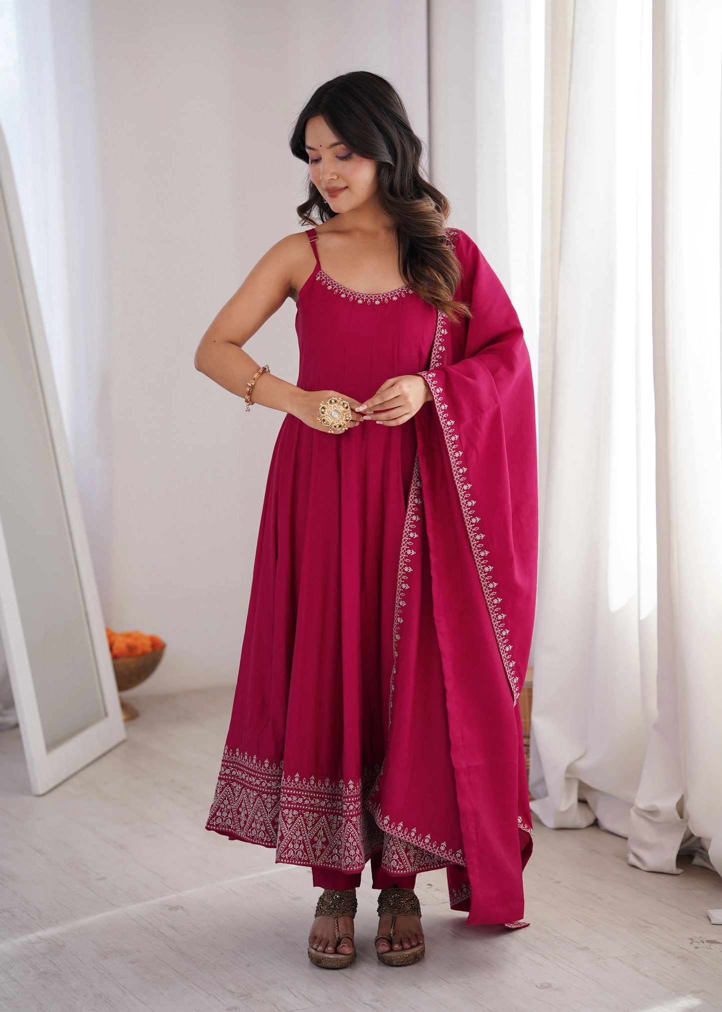 Amrapali Trend Premium Roman Silk Chanderi Anarkali Suit Set with Pant & Dupatta