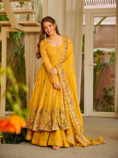 Amrapali Trend Elegant Crunchy Silk Anarkali Suit Set with Palazzo & Embroidered Dupatta for Women