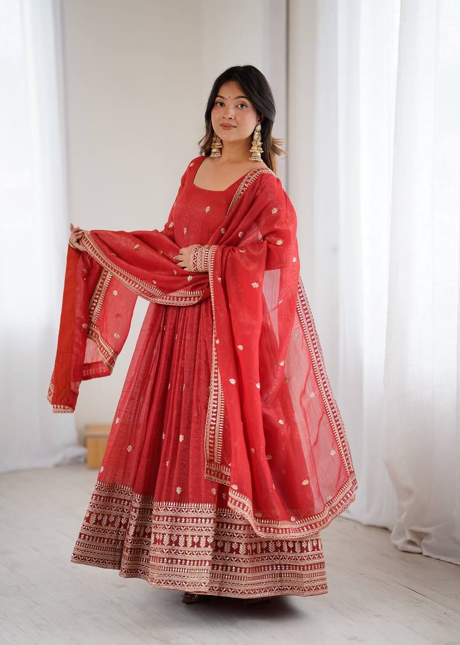 Amrapali Trend Fully Flared Rust Anarkali Gown in Pure Crunchy Silk | Party & Wedding Wear