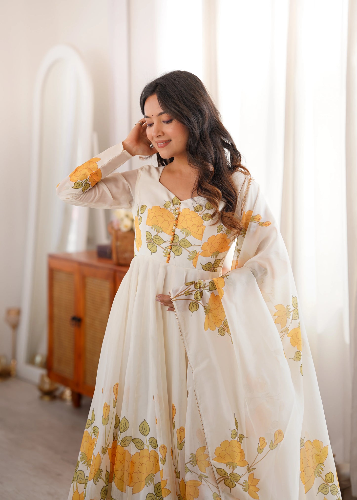 Amrapali Trend Women's Heavy Organza Silk Floral Print Anarkali Gown Set with Dupatt