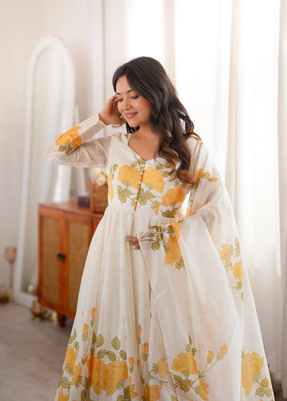Amrapali Trend Women's Heavy Organza Silk Floral Print Anarkali Gown Set with Dupatt
