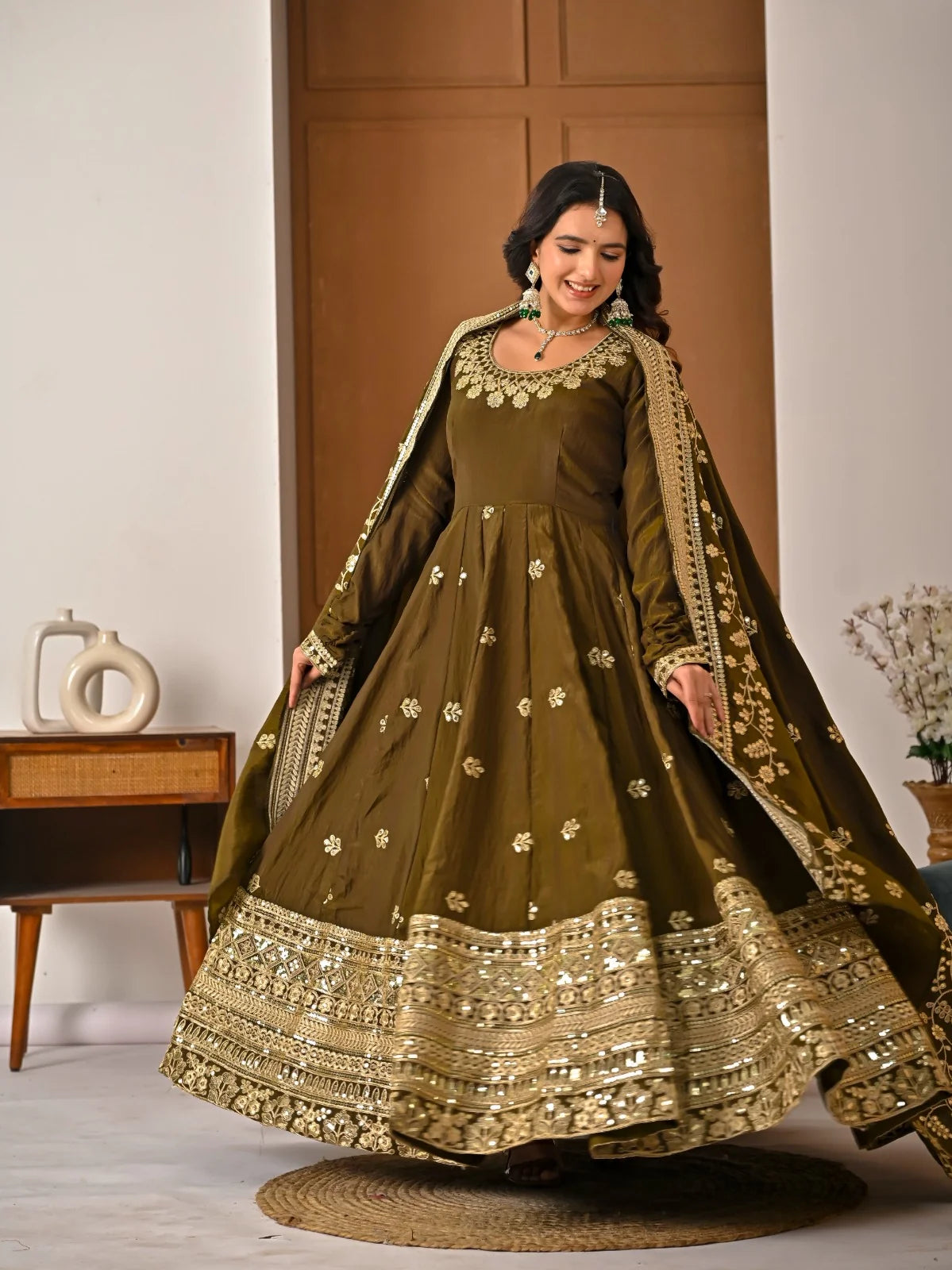 Amrapali Trend Olive Green NC Vichitra Fabric Fully Embroidered Anarkali Suit Set with Dupatta – Festive & Wedding Wear