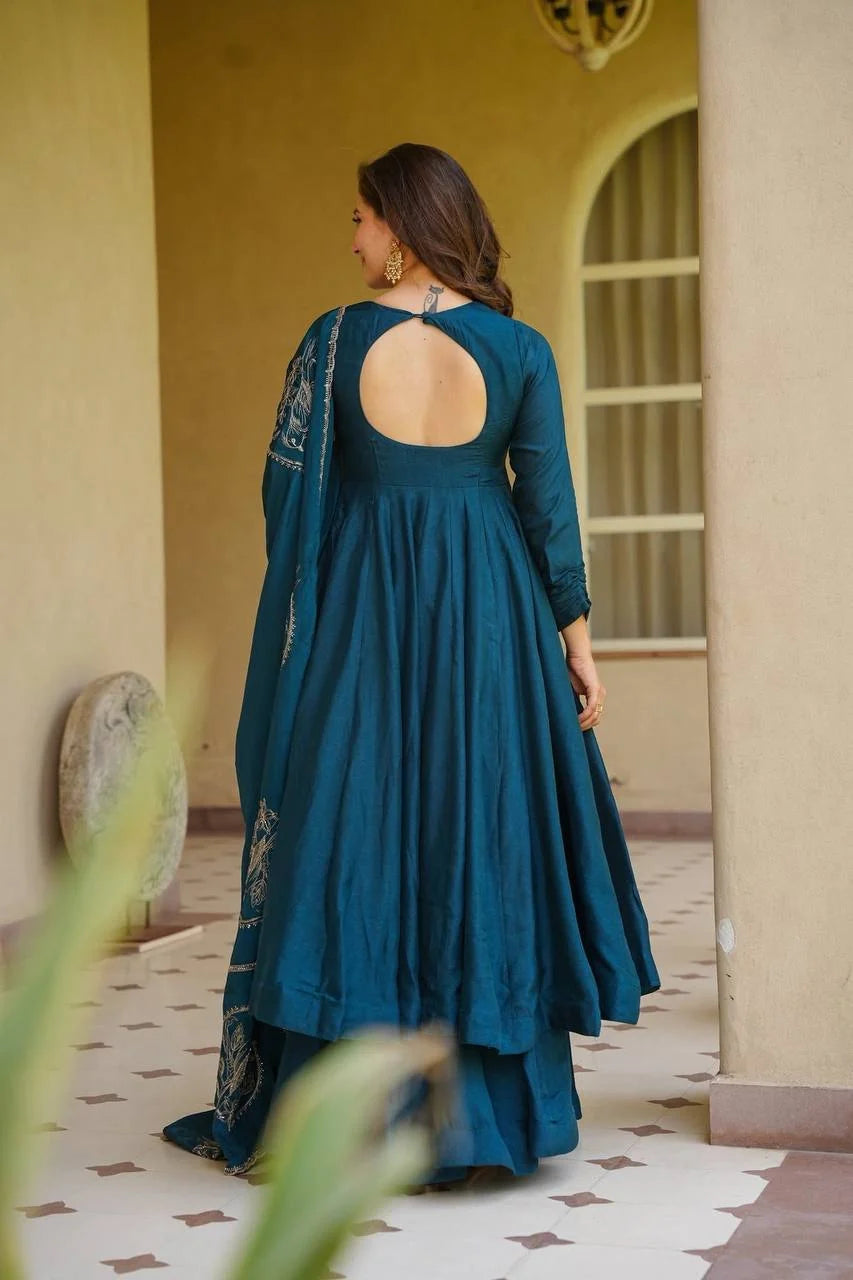 Amrapali Trend Women's Heavy Vichitra Silk Embroidered Anarkali Suit Set with Palazzo & Dupatta