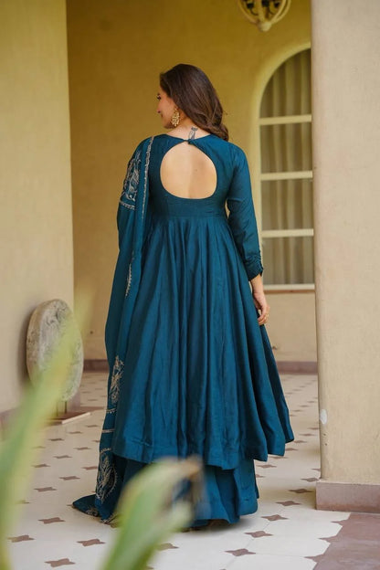 Amrapali Trend Women's Heavy Vichitra Silk Embroidered Anarkali Suit Set with Palazzo & Dupatta