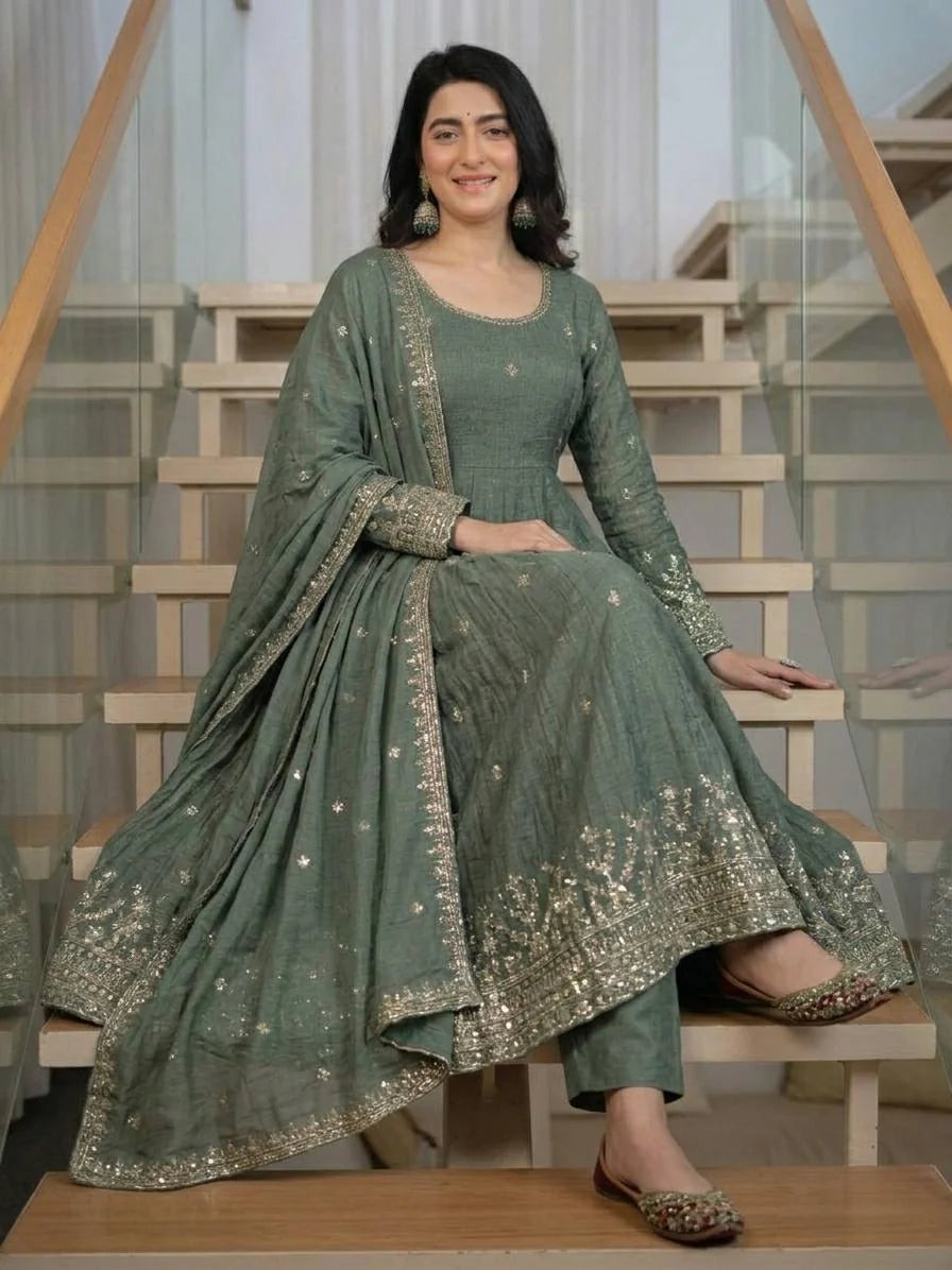 Amrapali Trend Women's Heavy Crunchy Silk Anarkali Suit Set with Embroidered Dupatta
