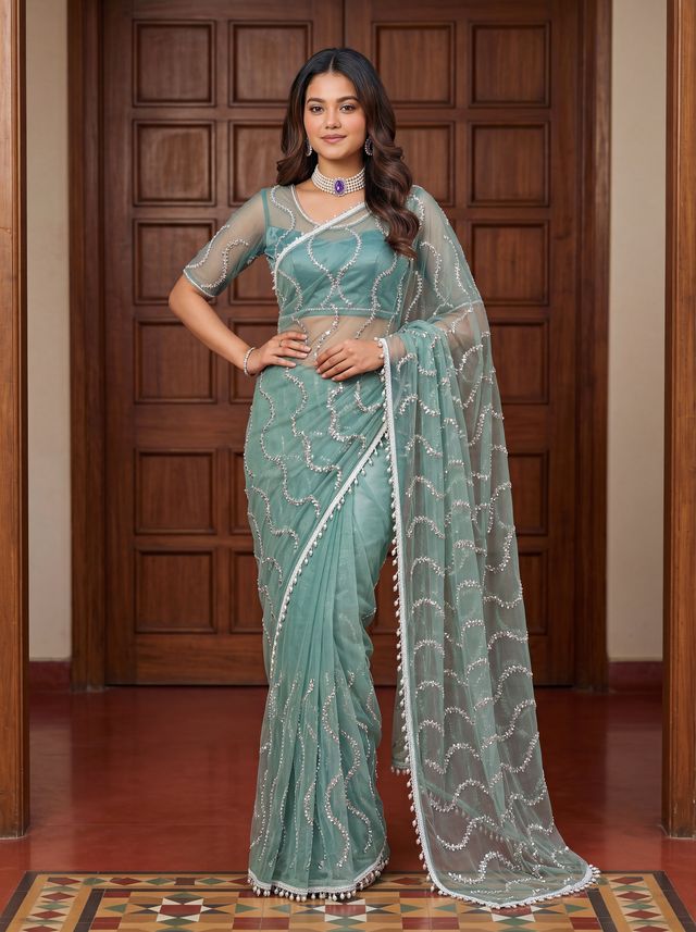 Intricately Bidds handwork embroidered saree