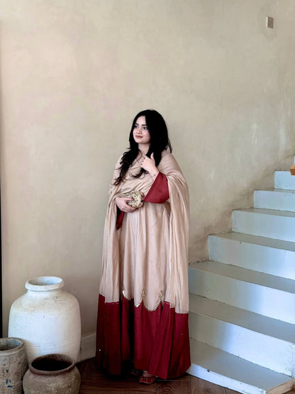 Designer Pure Roman Silk Kaftan with Bell Sleeves, Palazzo & Lace Border Dupatta – Party & Festive Wear