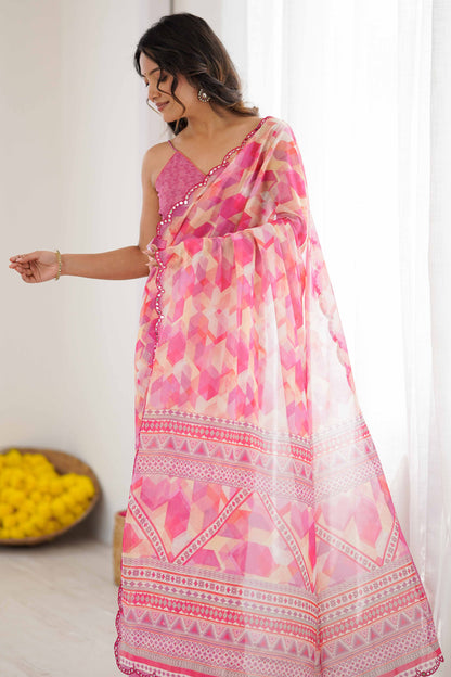 Purple Heavy Georgette Printed Saree with Mirror Work Border | Designer Party Wear Saree for Women