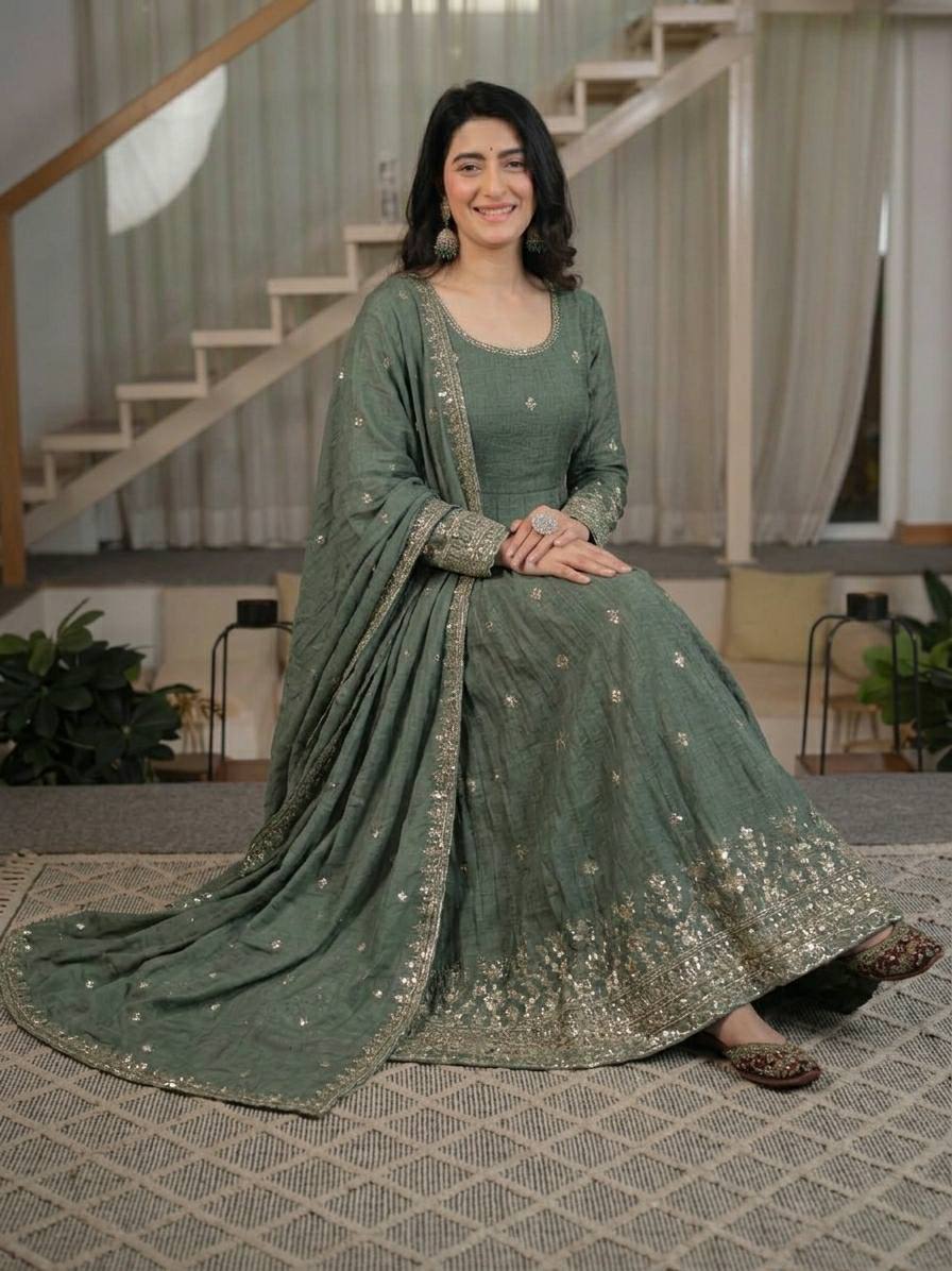 Amrapali Trend Women's Heavy Crunchy Silk Anarkali Suit Set with Embroidered Dupatta