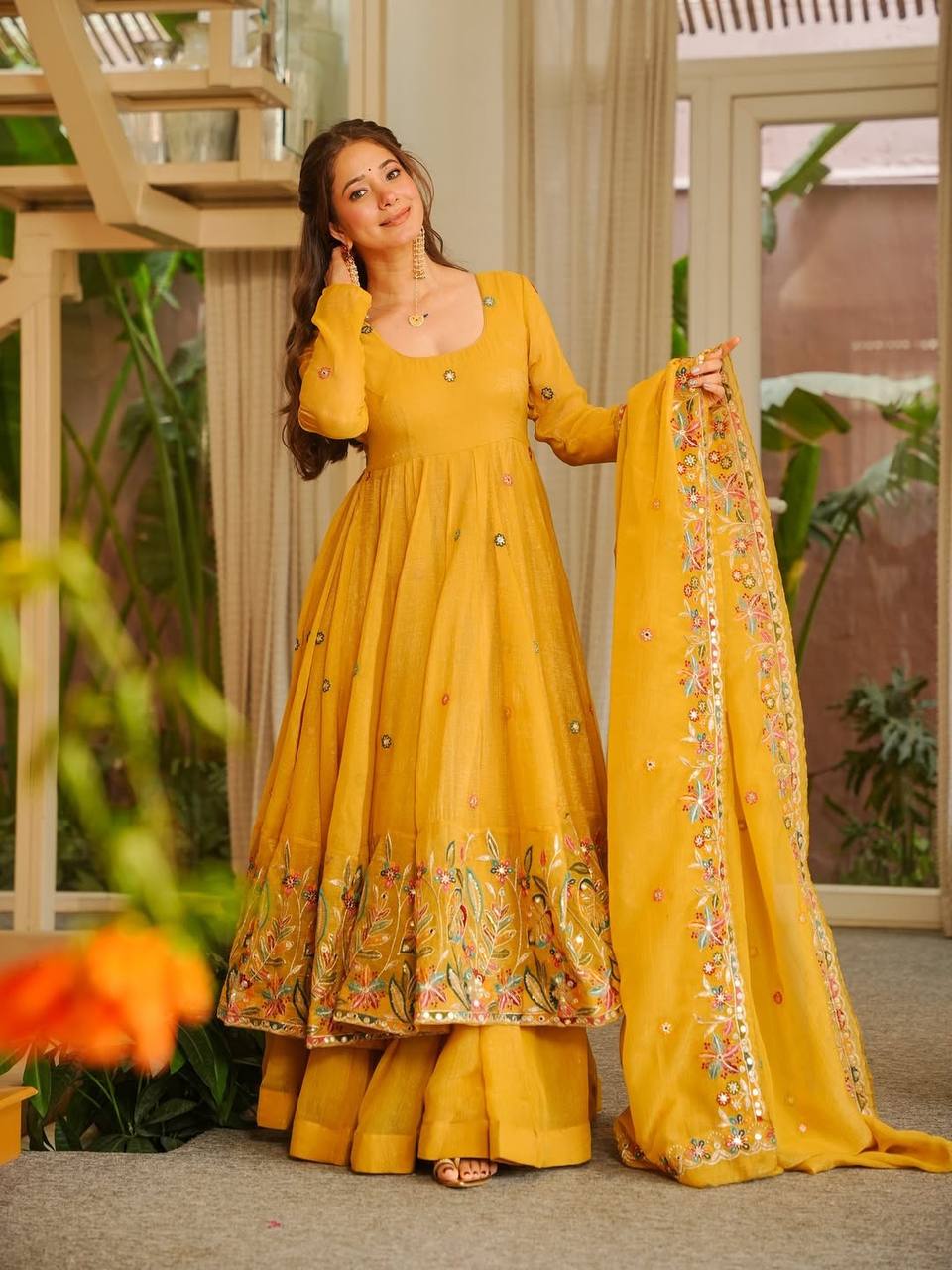 Amrapali Trend Elegant Crunchy Silk Anarkali Suit Set with Palazzo & Embroidered Dupatta for Women