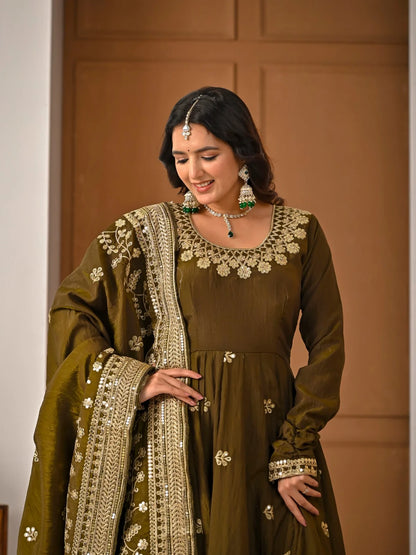Amrapali Trend Olive Green NC Vichitra Fabric Fully Embroidered Anarkali Suit Set with Dupatta – Festive & Wedding Wear