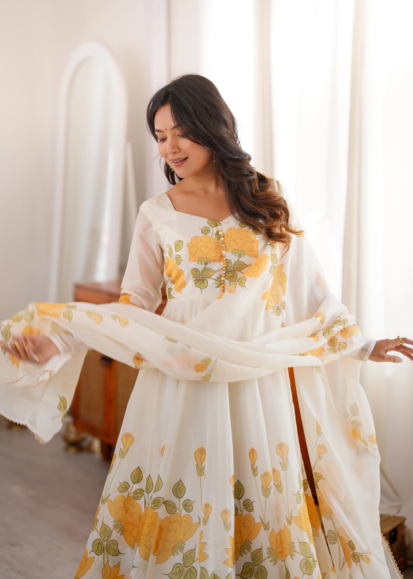 Amrapali Trend Women's Heavy Organza Silk Floral Print Anarkali Gown Set with Dupatt