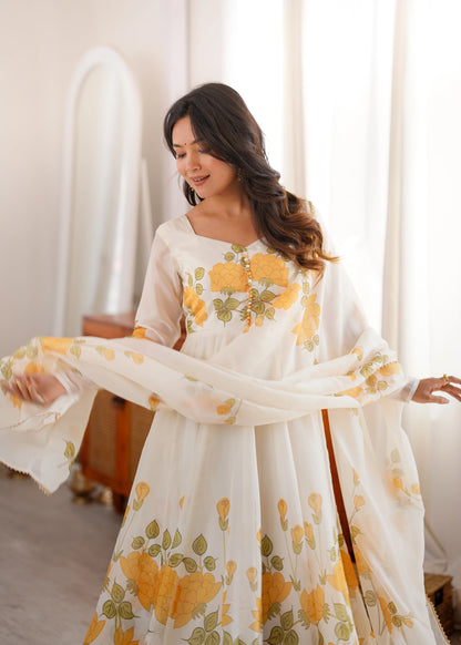 Amrapali Trend Women's Heavy Organza Silk Floral Print Anarkali Gown Set with Dupatt