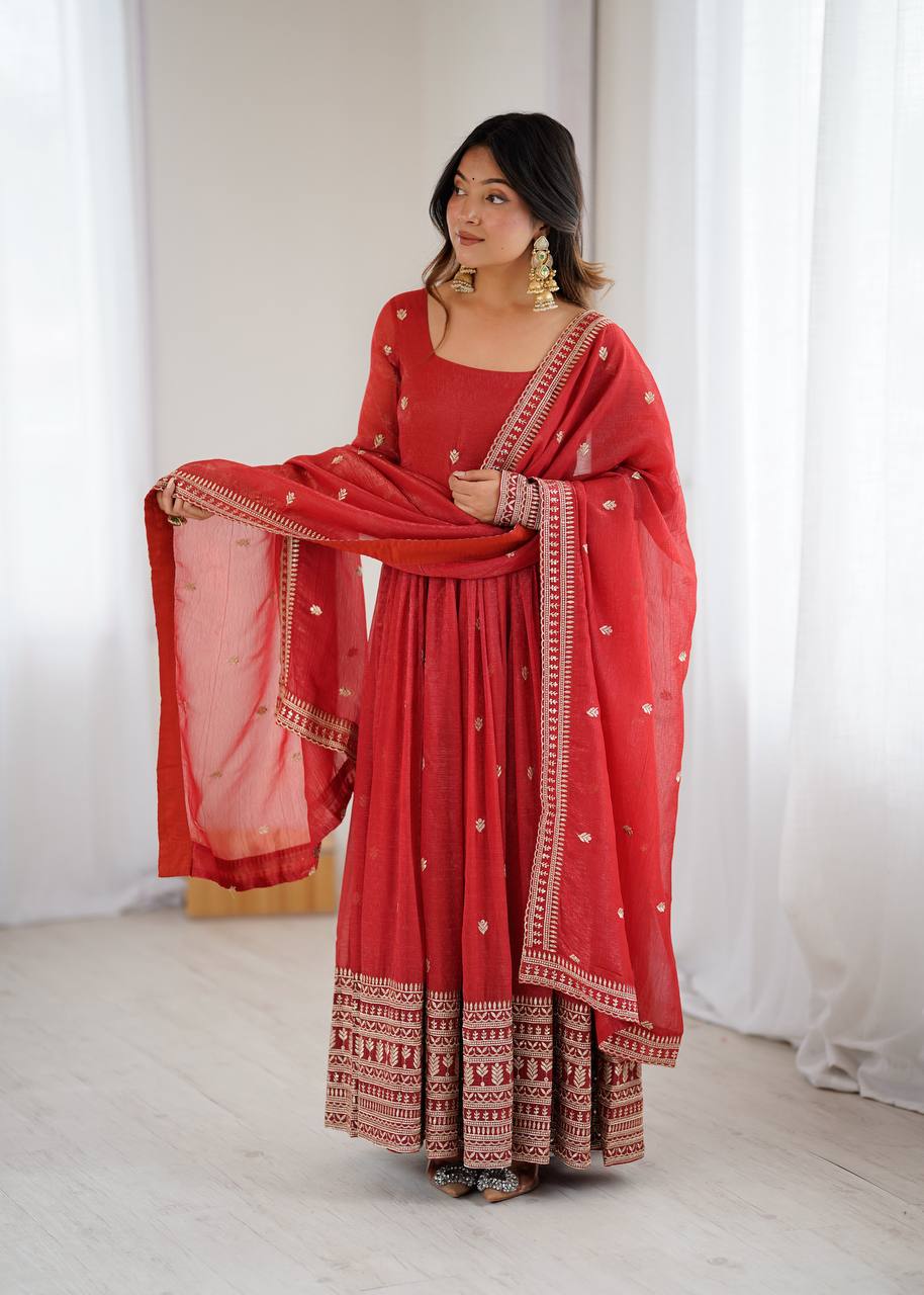 Amrapali Trend Fully Flared Rust Anarkali Gown in Pure Crunchy Silk | Party & Wedding Wear