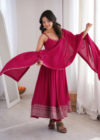 Amrapali Trend Premium Roman Silk Chanderi Anarkali Suit Set with Pant & Dupatta