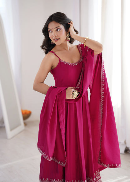 Amrapali Trend Premium Roman Silk Chanderi Anarkali Suit Set with Pant & Dupatta