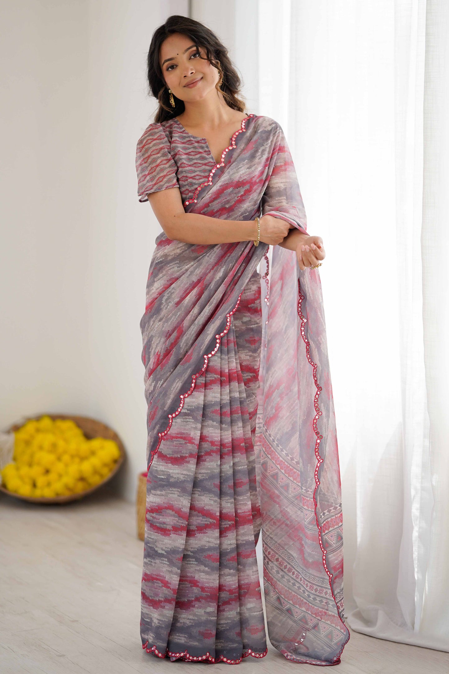 Purple Heavy Georgette Printed Saree with Mirror Work Border | Designer Party Wear Saree for Women