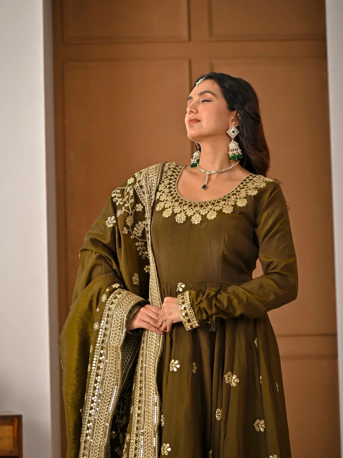 Amrapali Trend Olive Green NC Vichitra Fabric Fully Embroidered Anarkali Suit Set with Dupatta – Festive & Wedding Wear