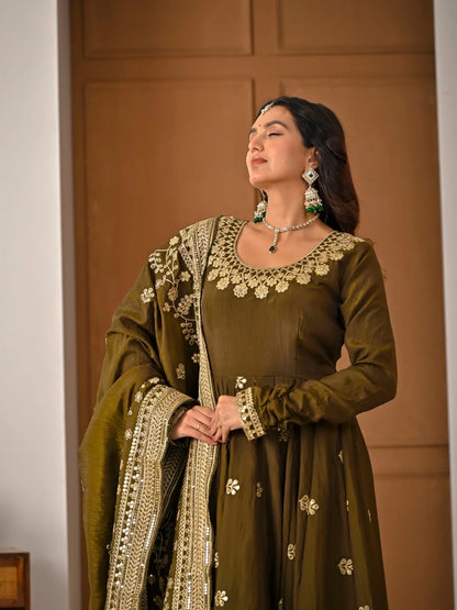Amrapali Trend Olive Green NC Vichitra Fabric Fully Embroidered Anarkali Suit Set with Dupatta – Festive & Wedding Wear