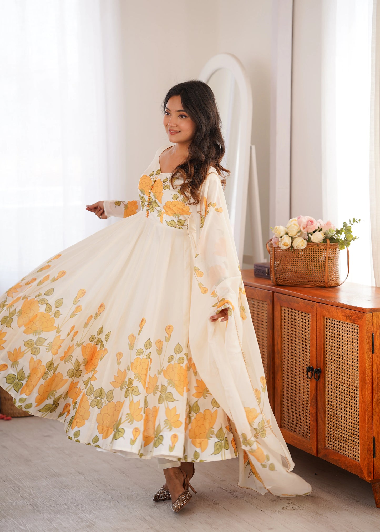 Amrapali Trend Women's Heavy Organza Silk Floral Print Anarkali Gown Set with Dupatt