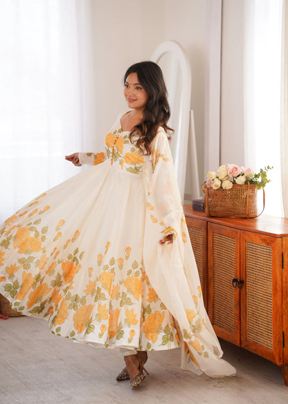 Amrapali Trend Women's Heavy Organza Silk Floral Print Anarkali Gown Set with Dupatt
