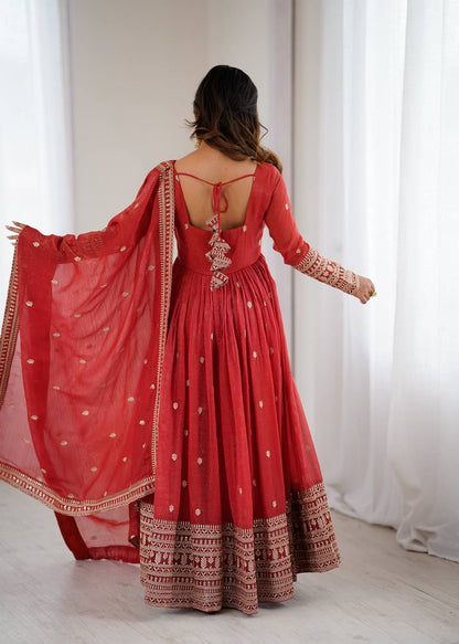 Amrapali Trend Fully Flared Rust Anarkali Gown in Pure Crunchy Silk | Party & Wedding Wear