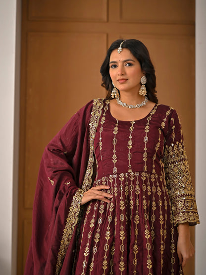 Amrapali Trend Maroon Heavy Embroidered Kurta Palazzo Set with Dupatta | Wedding & Festive Wear